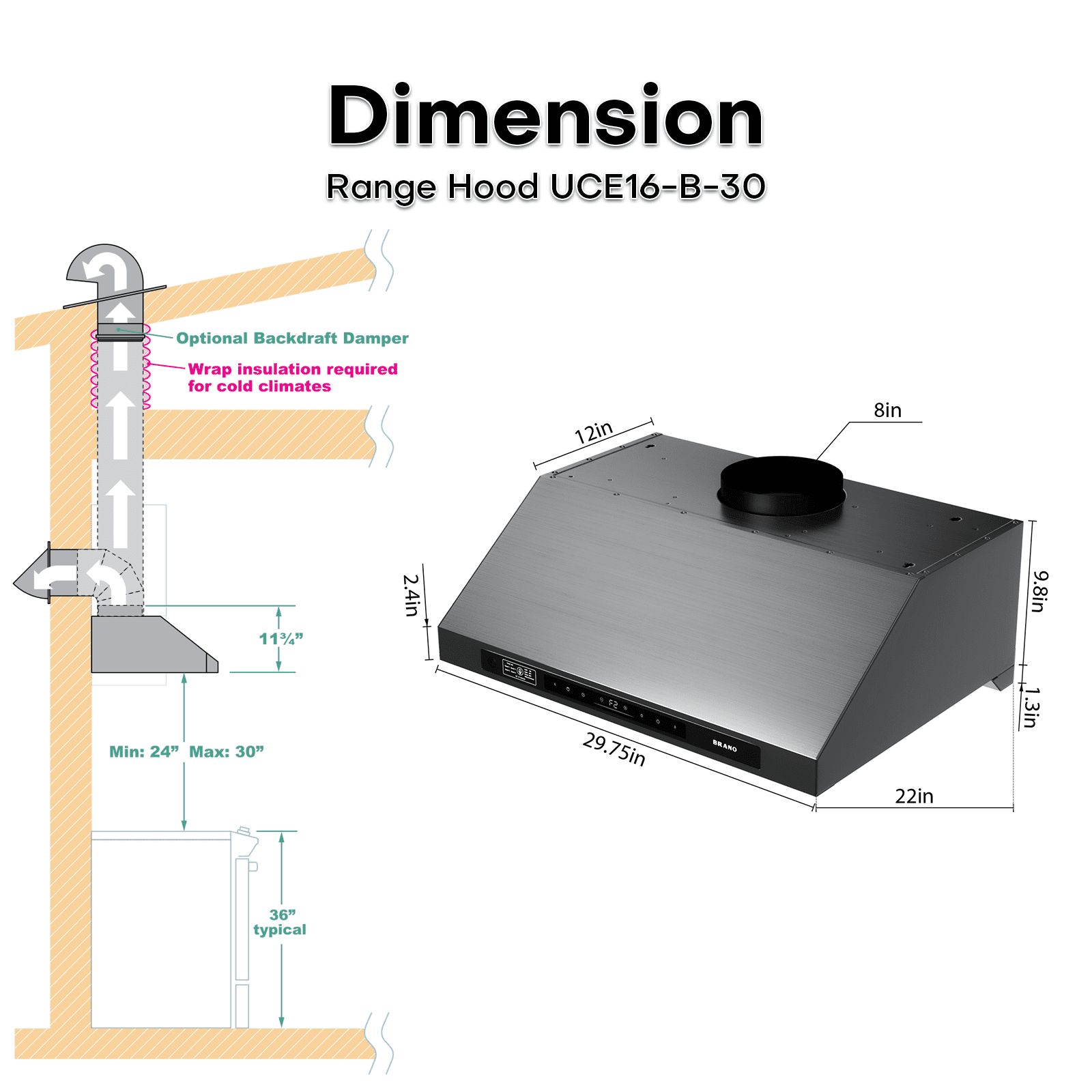 BRANO 30inch Under Cabinet Range Hood 1200 CFM Stainless Steel Ducted Vent Hood with Voice Control, PVD Titanium Plated Finish, 6 Speed, DC Motor
