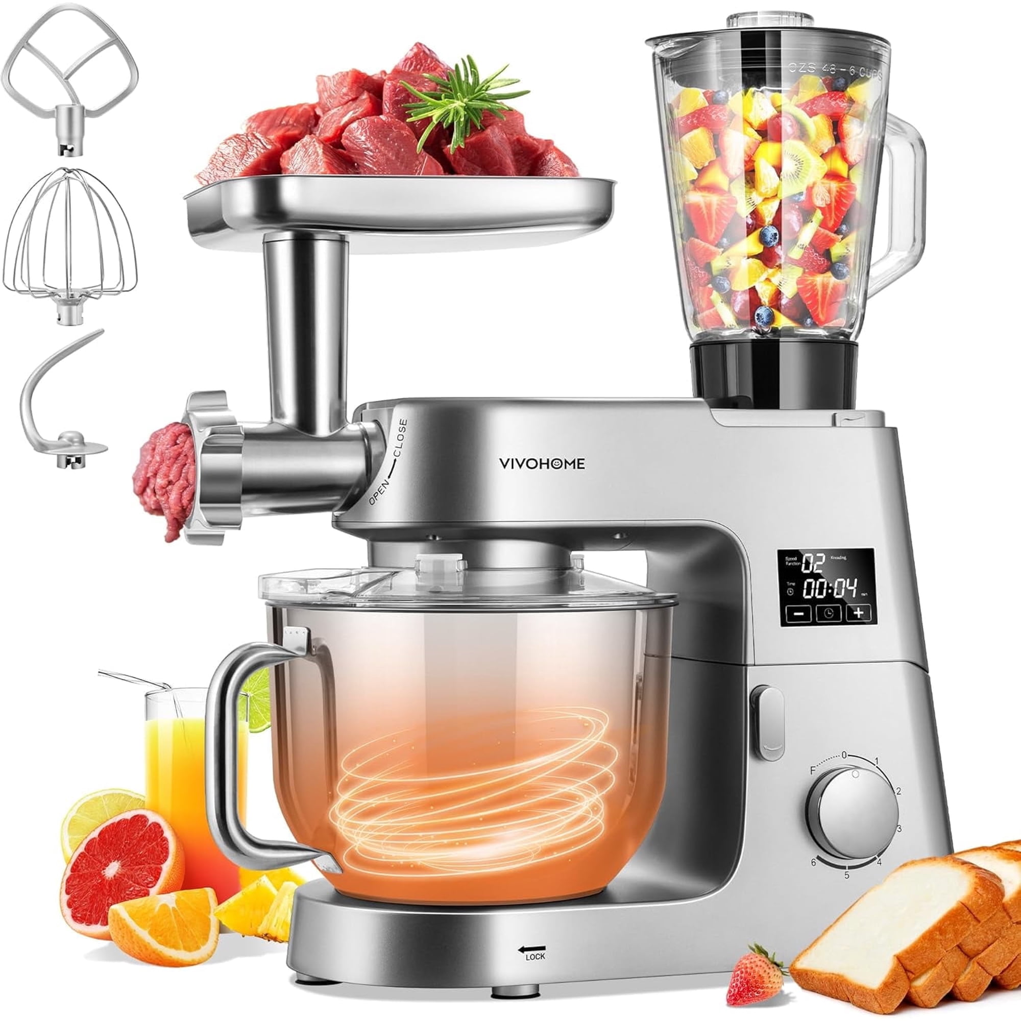 SPECSTAR 9 in 1 Multifunctional Stand Mixer with Fermentation, 6 Speed 7.5 Quart Kitchen Electric Food Mixer with Timer, Meat Grinder, Juice Blender, Vegetable Slicer, Pasta and Cookie Maker, Silver