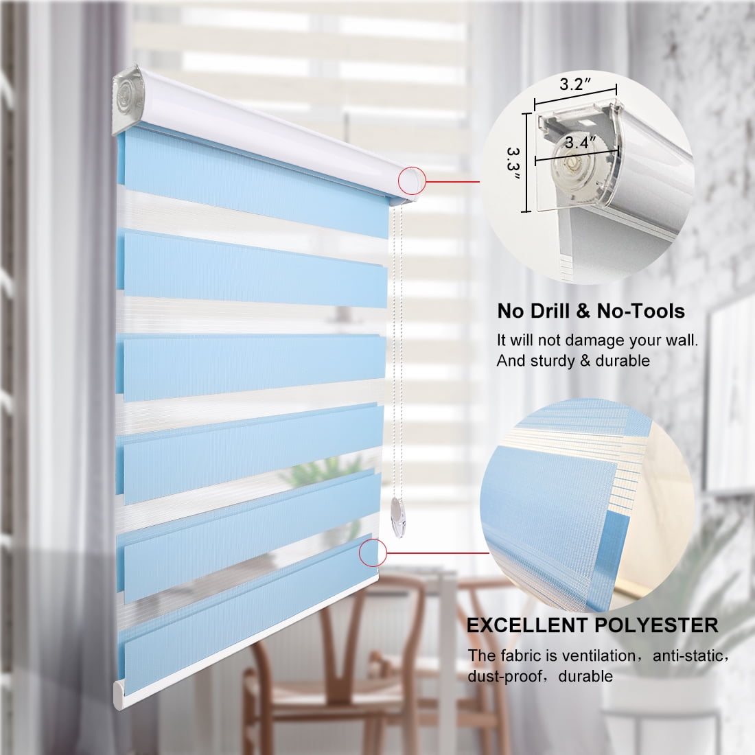 Keego No Drilling Zebra Window Shades Modern Design Roller Shade w/ Dual Layers Light Filtering White Valance Blinds for Home Office Bathroom White Fabric 52.5"w x 44.0"h