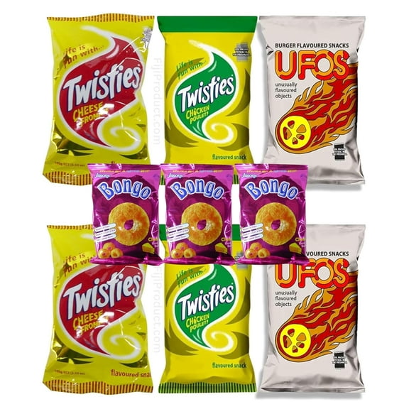 Variety Pack Puffs Snacks - Twisties Cheese, Twisties Chicken, UFO'S, Bongo Cheese (Value Pack Of 9) Favorite Snack Of The Pacific Islanders, Imported From FIJ " Snack Lovers "