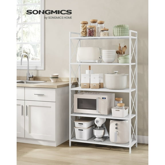 5-Tier Metal Shelving Unit, Heavy-Duty Storage Rack with X-Brace Design, Adjustable Feet, 57.3" Tall Multi-Purpose Shelf, Cloud White