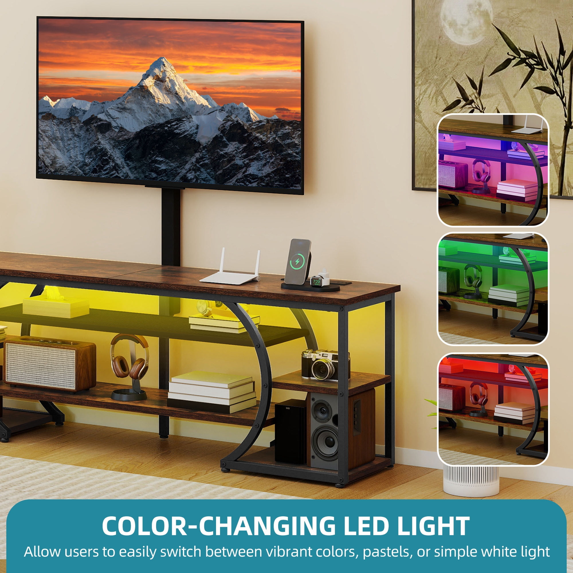 Uforic TV Stand for 65"/70" TVs, LED Entertainment Center with Mount & Power Outlets, TV Media Console Table,Rustic Brown