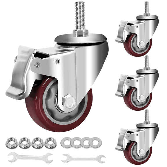 Caster Wheels, Heavy Duty Castors PU Wheels M12-1.75X1-1/5 Threaded Stem Casters