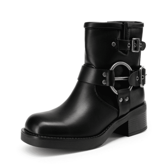 DREAM PAIRS Women’s Ankle Boots Buckle Strap Square Toe Biker Booties Low Chunky Heel Motorcycle Riding Fall Fashion Shoes