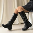thumbnail image 2 of Mid Calf Combat Riding Boots for Women Vintage Casual Buckles Leather Lace up Low Heel Knee High Long Tall Boots, 2 of 6