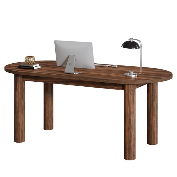 Tribesigns 63" Executive Desk, Walnut Wooden Office Computer Desk with Cylindrical Legs, Large Vintage Study Writing Table Business Furniture Workstation