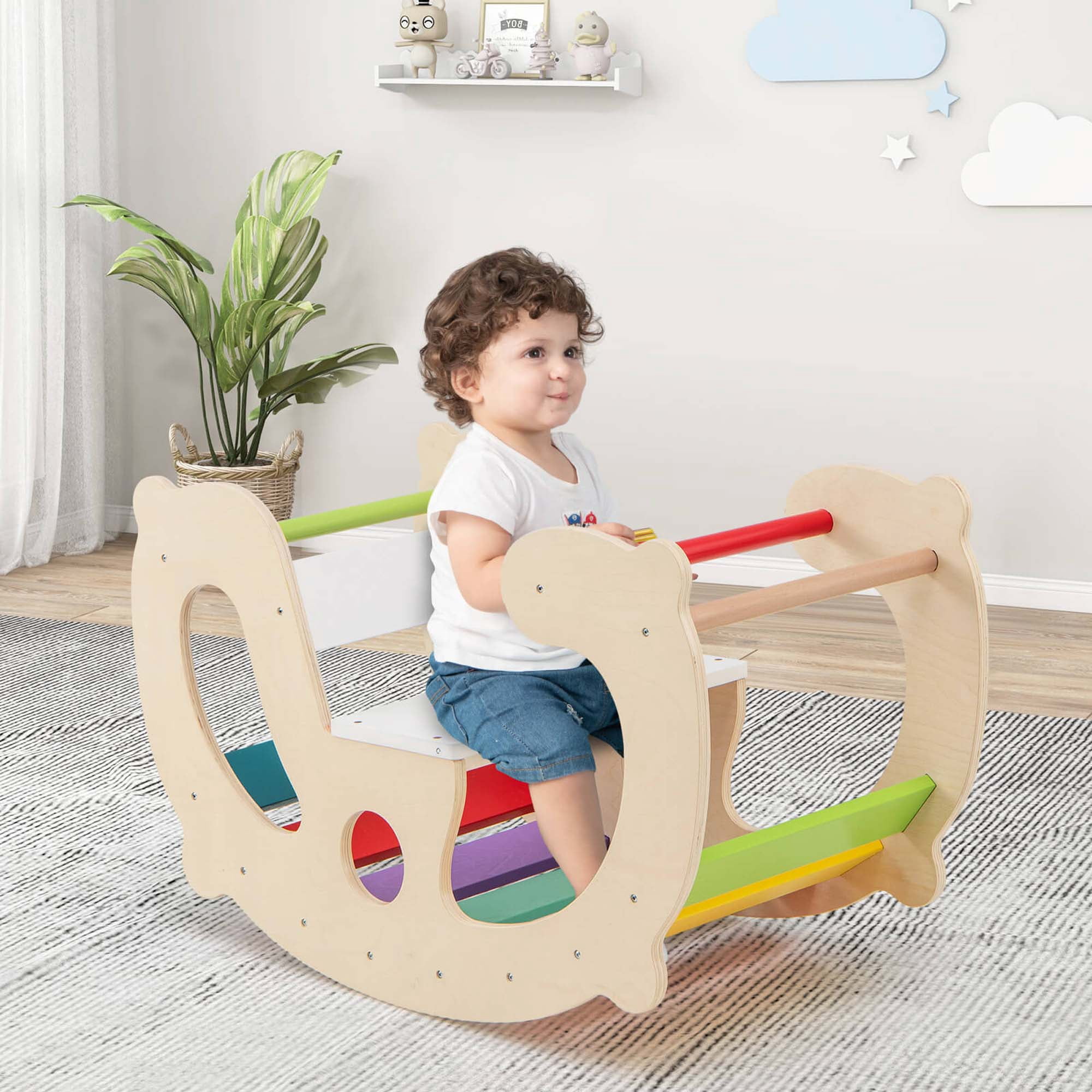 Costway 2-in-1 Rocking Horse Arch for Kids Montessori Climbing Toys with Rocker Multi-color