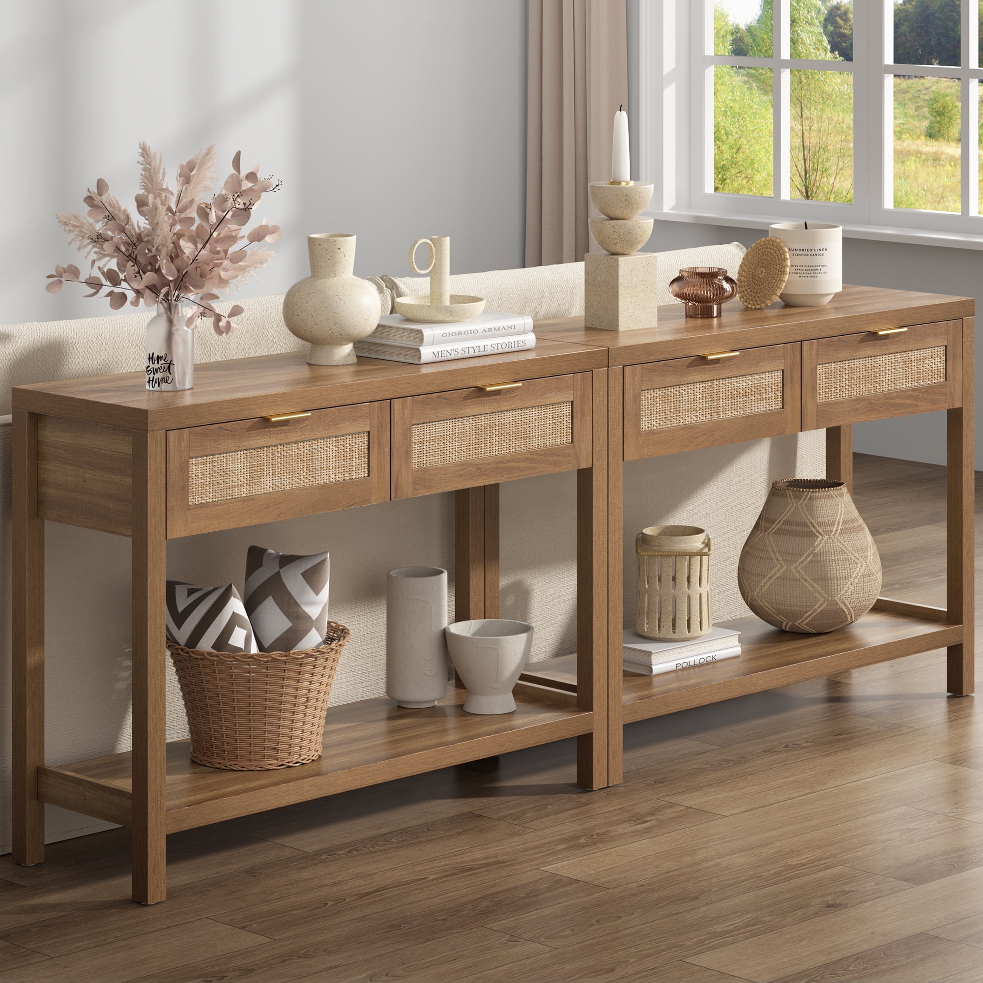 SICOTAS 39.4 Inch Wide Rattan Console Table Set of 2 with 2 Drawers & Shelf, Boho Entryway table with Large Storage Capacity for Entrance Way, Hallway, Living Room - Natural Oak