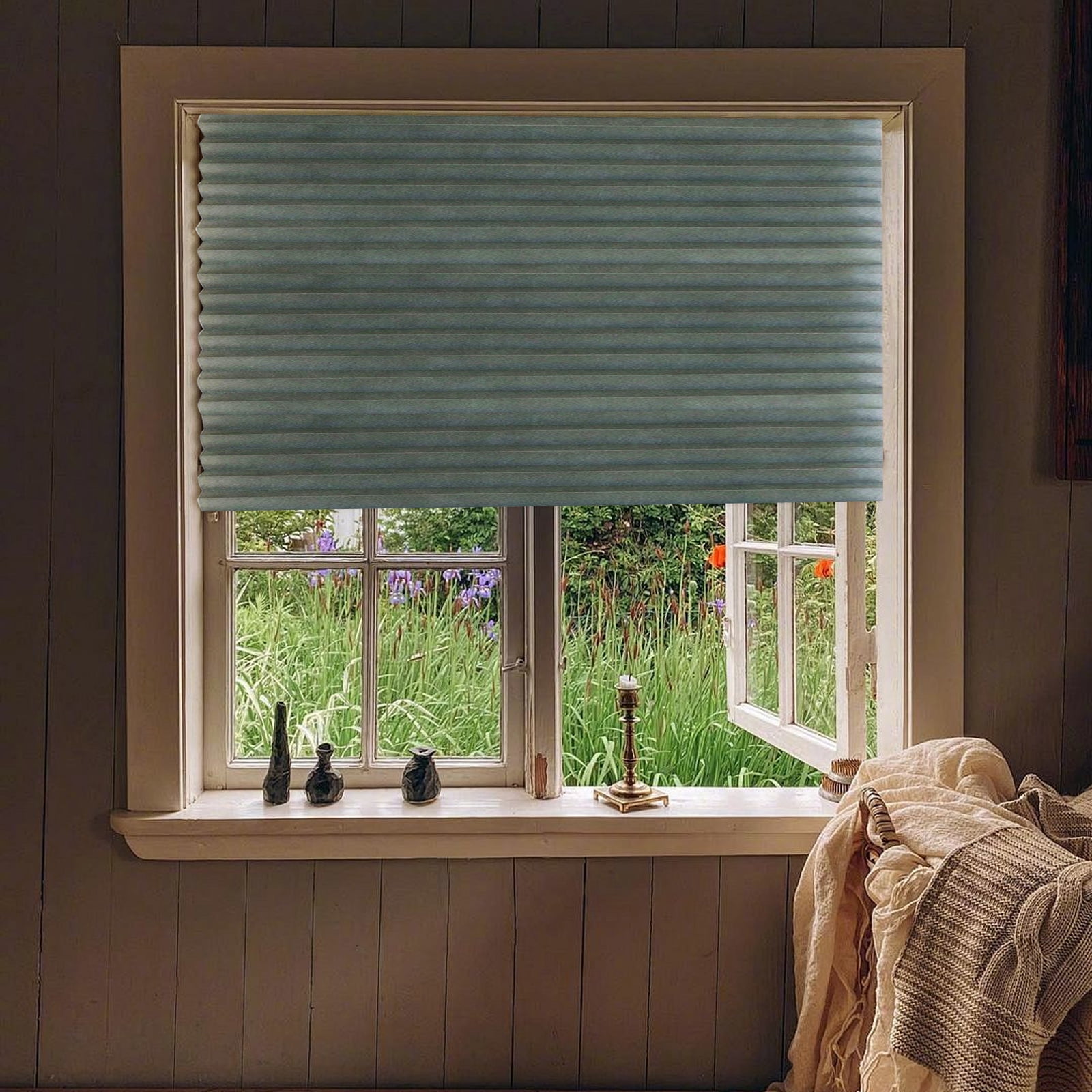 ZMKIAG No Tools Adhesive Pleated Blackout Blinds – Window Shades, No Drill Temporary Blinds, Cordless Room Darkening Paper Shades – For Office, Living Room, Bedroom