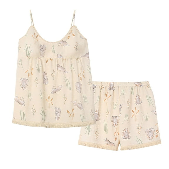 Womens Summer Cotton Pajama Sets Cute Graphic Sleeveless Cami Top with Shorts Pjs Set 2 Piece Sleepwear