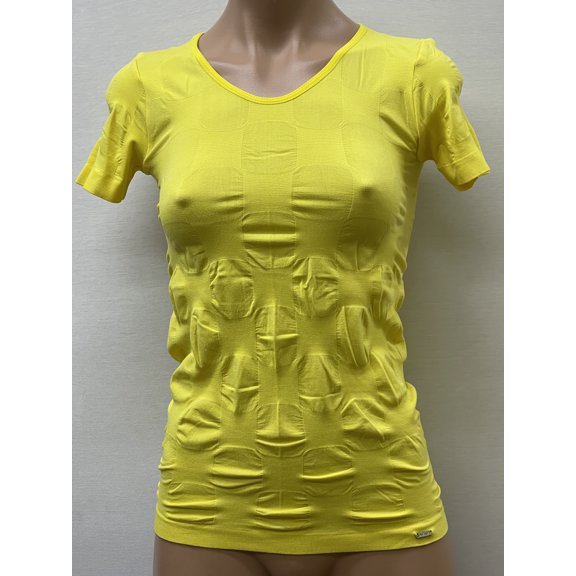 Women Seamless Short Sleeve Round Neck Squre Design Material Blouse Top Stretch Tee Shirts