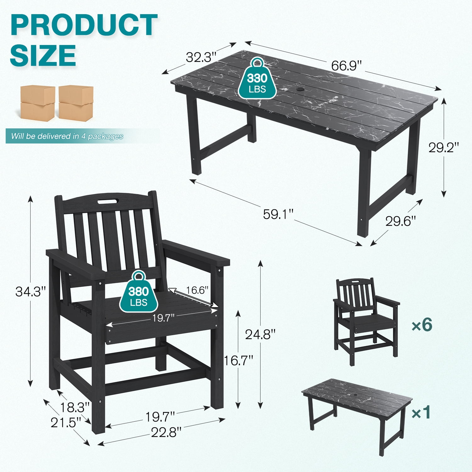 Erinnyees 7-Piece HDPE Outdoor Dining Set, 66.9" Marble Texture Patio Table with Umbrella Hole, and 6 All-Weather Chairs for Yard Deck Porch, Black