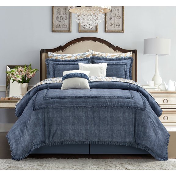 Lanco Bell Bottom Jacquard 10 Piece Comforter Set Blue, Bed Size Queen, Fill Polyester, Solid Color