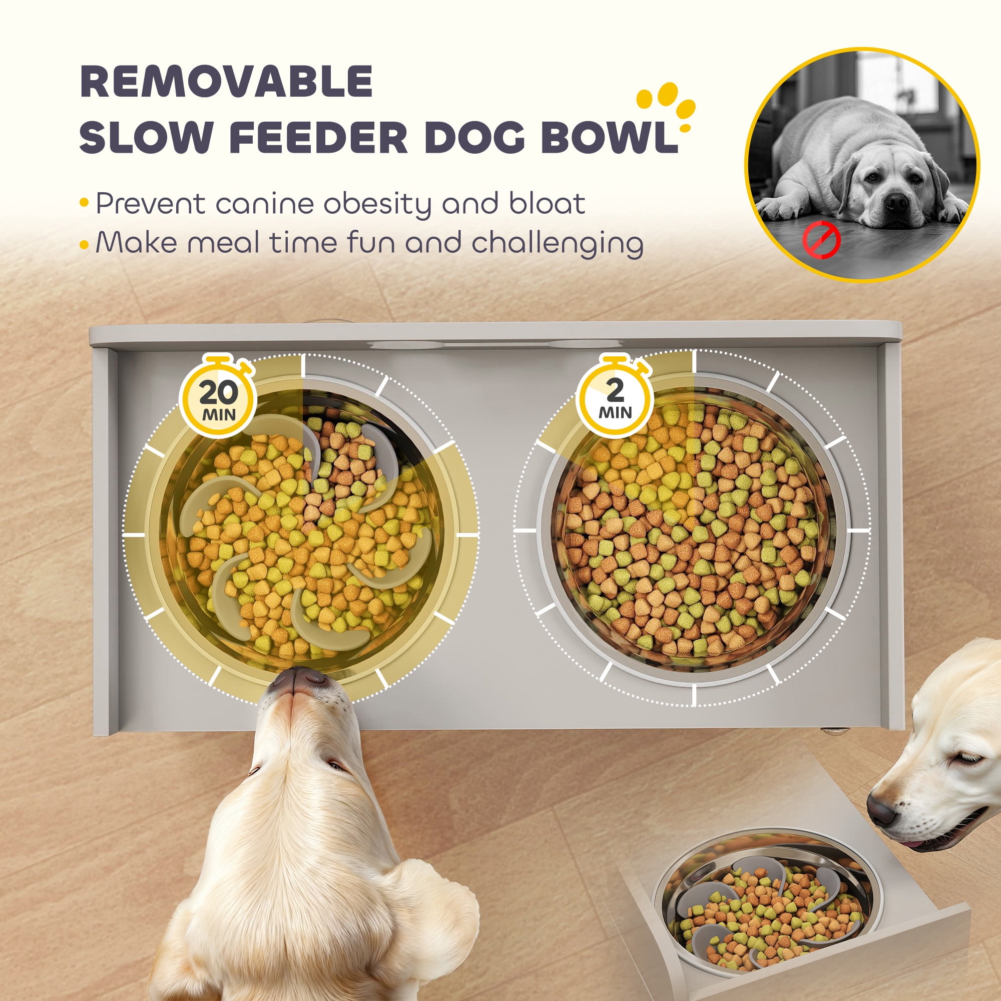 PawHut Elevated Dog Bowls with Storage, Raised Bowl Stand with 2 Stainless Steel Food Dishes and Slow Feeder, Pet Feeding Station for Large Dogs, Gray
