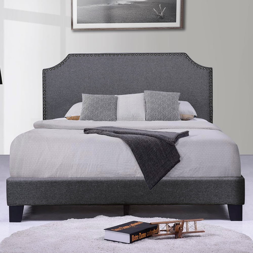 Kepooman Full Size Upholstered Platform Bed Frame with Nailhead Trim Headboard, Dark Grey Kepooman Full Size Upholstered Platform Bed Frame with Nailhead Trim Headboard, Dark Grey
