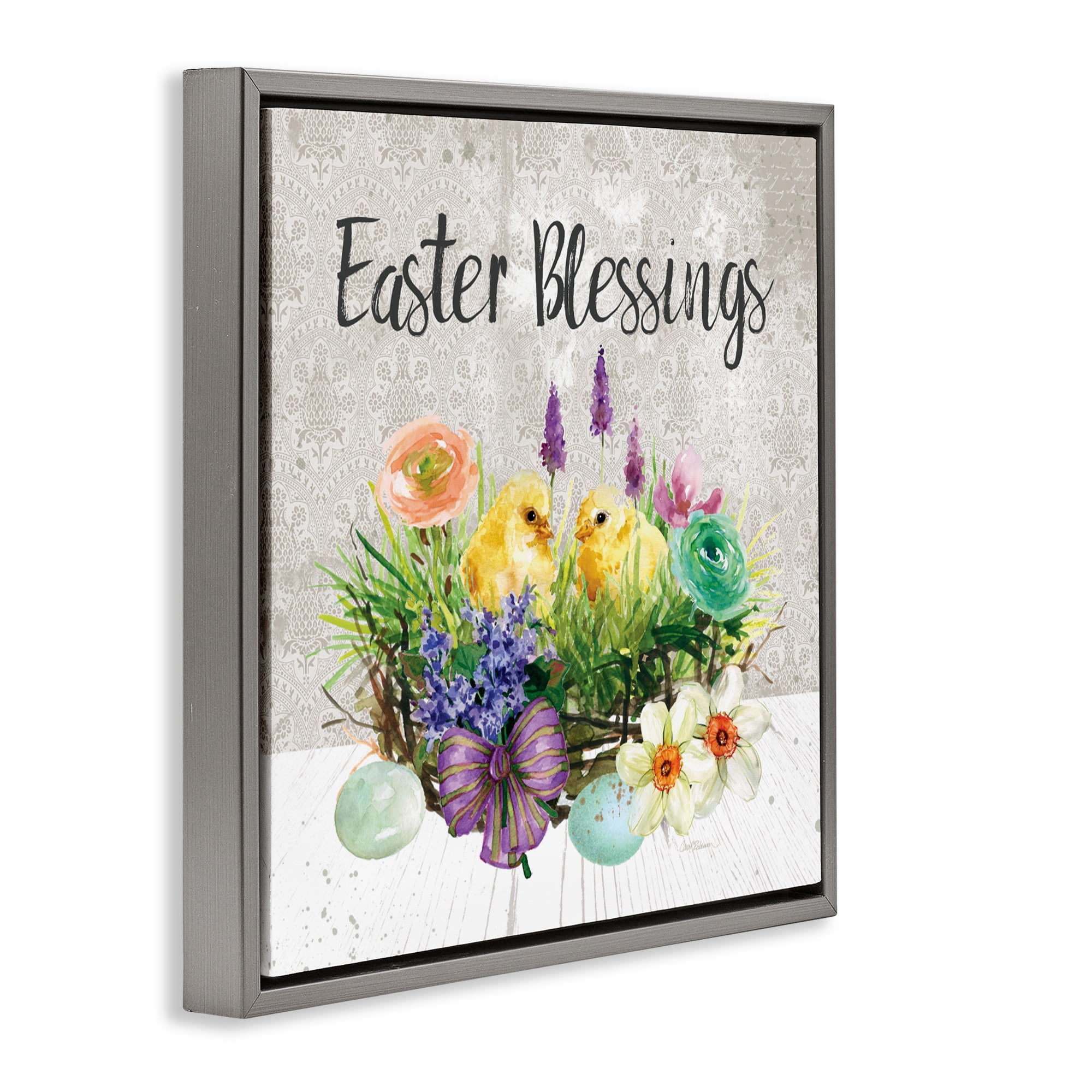 Stupell Industries Easter Blessings Basket of Flowers Gray Framed Floater Canvas Wall Art, design by Carol Robinson