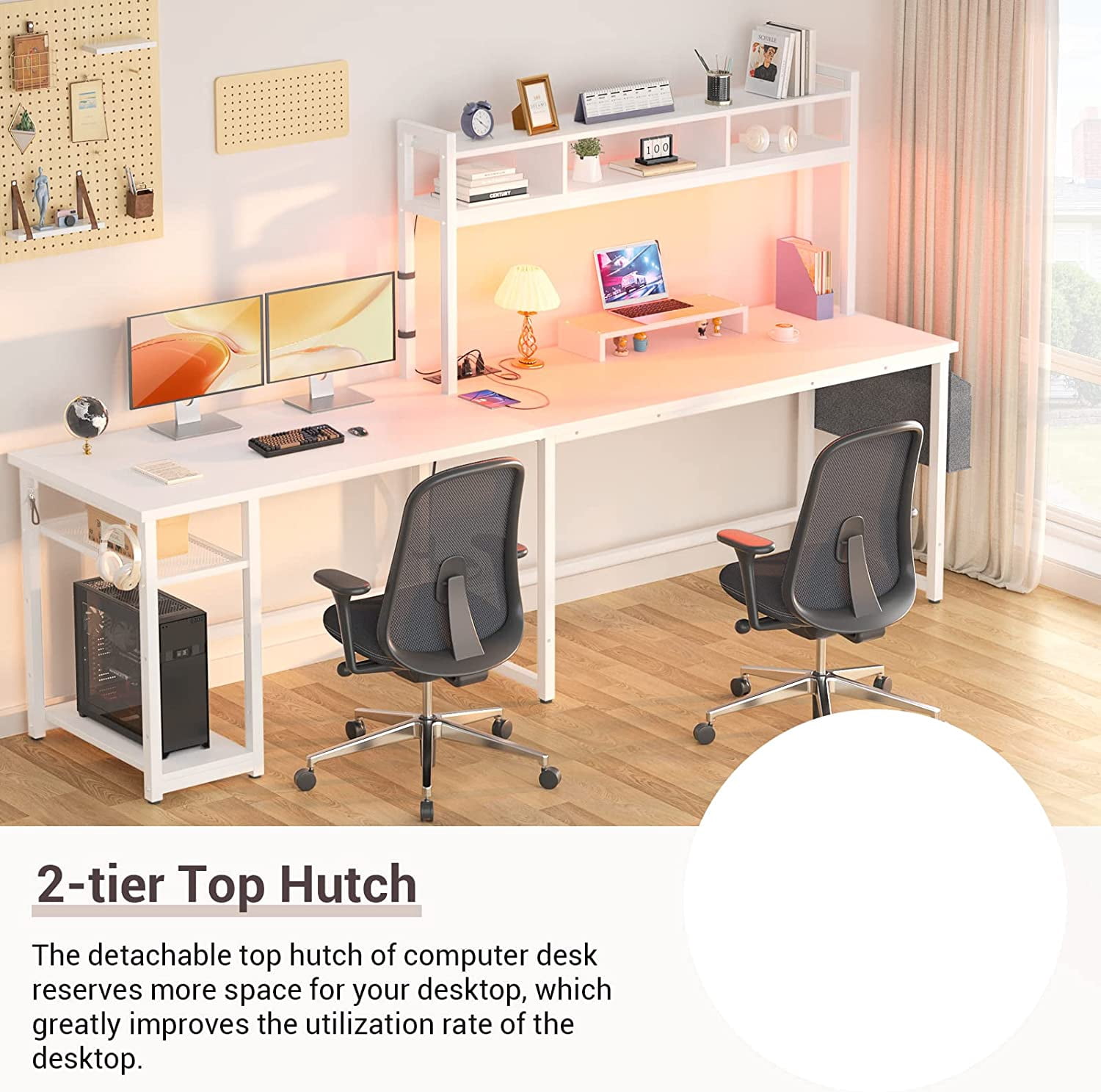 Homieasy L Shaped Desk with Power Outlet, LED Strip, Storage Shelf, Monitor Stand and Hutch, White