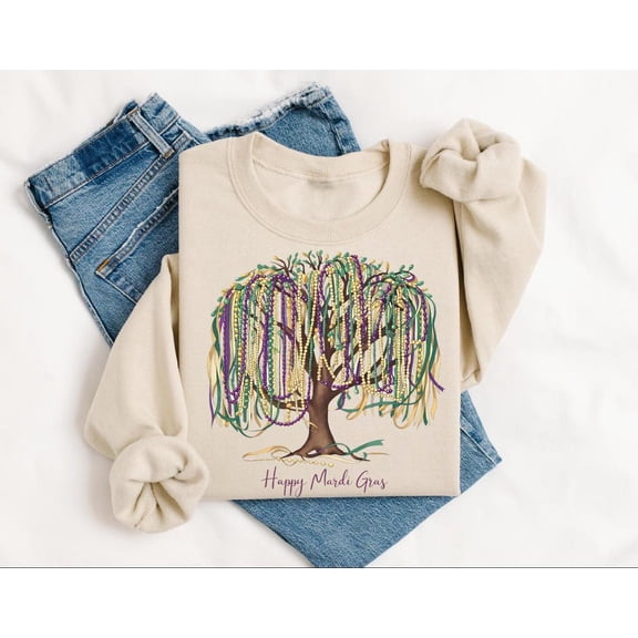 Tee Clo Mardi Gras Bead Tree Sweatshirt Retro Festival 2025 Carnival Cozy Outfit, Full size S-5XL