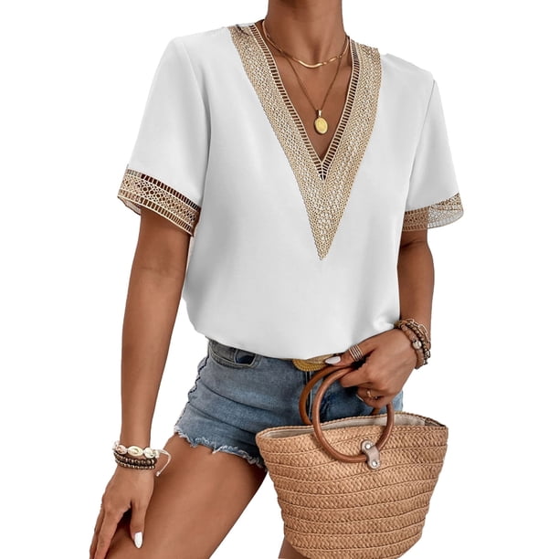 Top de manga corta con cuello en V para mujer, blusa elegante de encaje informal holgada a la moda para citas