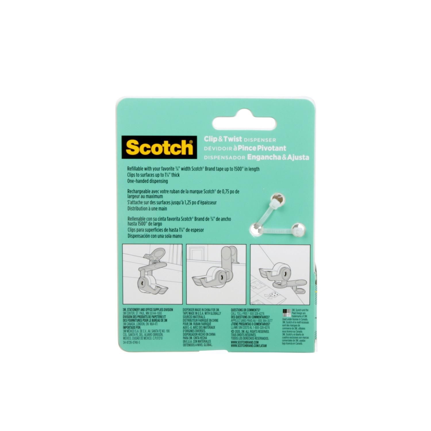 Scotch® Desktop Tape Dispenser C19-CLIP-SR-W, Clip & Twist, 0.75 in x 350 in (19 mm x 8.89 m), Tape Dispenser