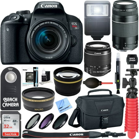 Canon EOS Rebel T7i DSLR Camera (1894C002) + 18-55mm IS STM & 75-300mm III Lens Kit + Accessory Bundle 32GB SDHC Memory + DSLR Photo Bag + Wide Angle Lens + 2x Telephoto Lens + Flash + Remote +