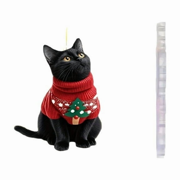8Pcs Black Cat Acrylic Christmas Ornament - with Santa Hat and Scarf - Black Cat Xmas Decor for Tree/Car Hanging