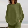 thumbnail image 4 of 2 Piece Plus Size Outfits for Women Fall Loose Cotton Linen Loungewear Set Long Sleeve Crew Neck Tops Wide Leg Pants Suit, Green, S, 4 of 7