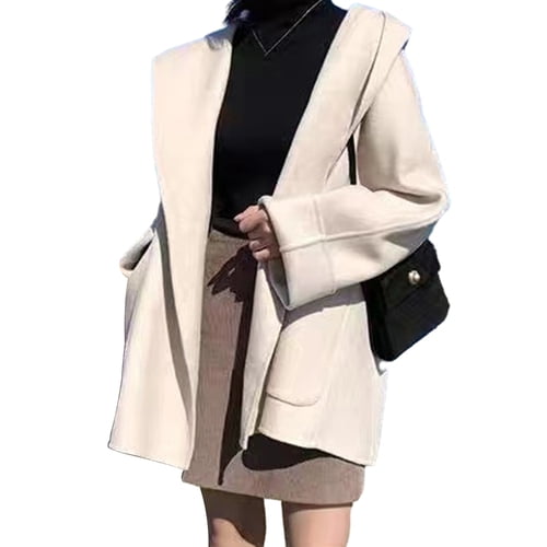 Skymirror Fall Winter Women Coat Loose Thickened Warm Solid Color Loose Long Sleeve Open Stitch Pockets Mid Length Hooded Lady Overcoat Jacket