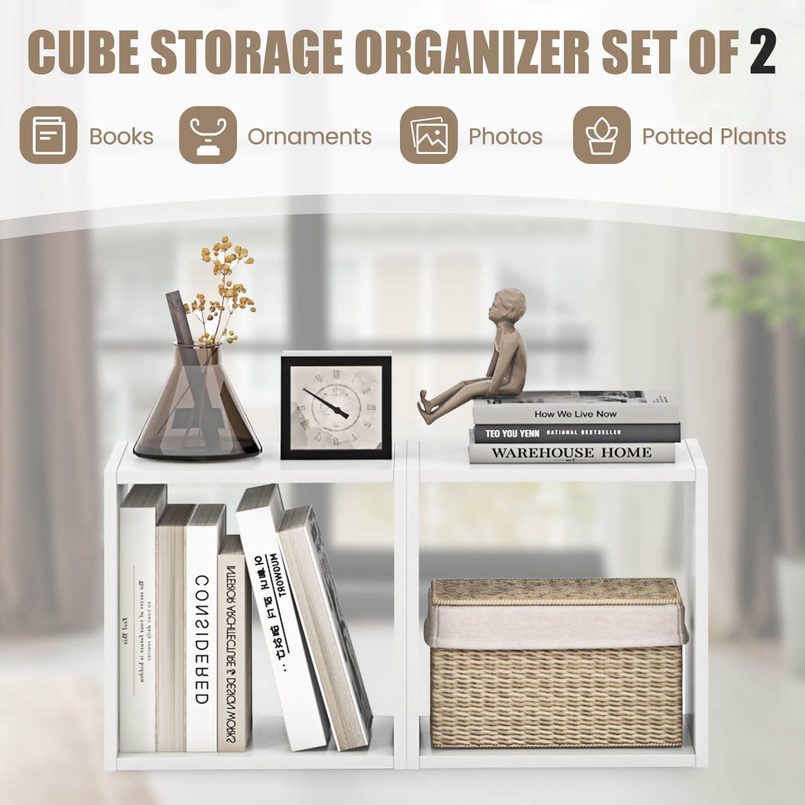 Amijoy Stackable Storage Cube Set of 2, Home 2 Pcs Cubby Organizer, Free-standing Storage Organizer Bookcase w/ Anti-toppling Device