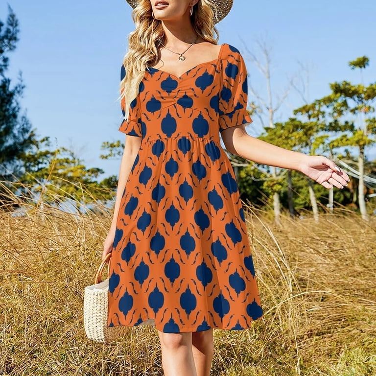 Orange & Navy Blue Quatrefoil Pattern Dress dress women summer 2024 Dresses  for wedding party Long dress - Walmart.com