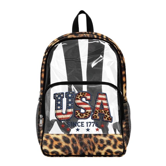 ZIATUBLES Clear Backpack, Heavy Duty Fabric & PVC Transparent Bookbag with USA Leopard Flag Print, Large Capacity See Through Backpack for School College Work Travel Security