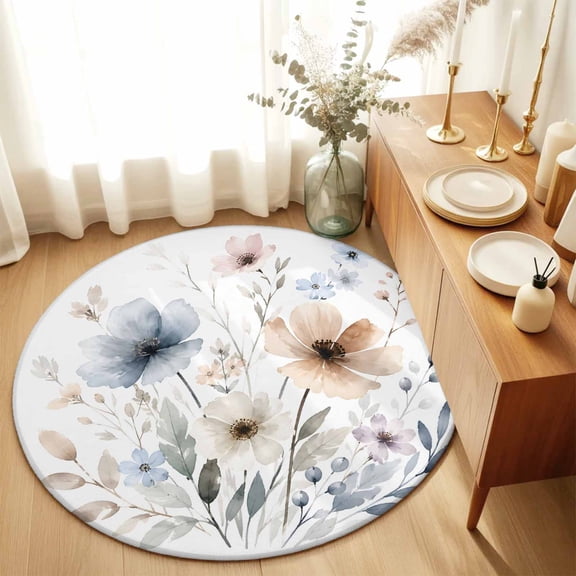 Round Rugs 3Ft, Watercolor Floral Spring Round Area Rug Washable Indoor Throw Carpet, Summer Botanical Garden Flowers Small Non Slip Circle Rug for Bedroom Living Room Home Decor Aesthetic