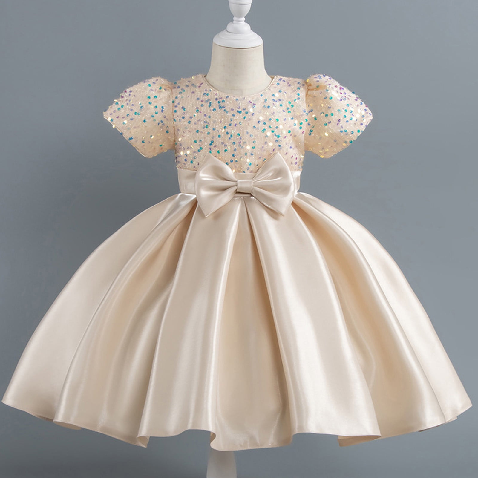 Girls Prom Dresses Formal A-Line Size 2-10 Toddlers Kids Elegant Sequins Short Sleeve Bowknot High Waisted Solid Performance Party Dress