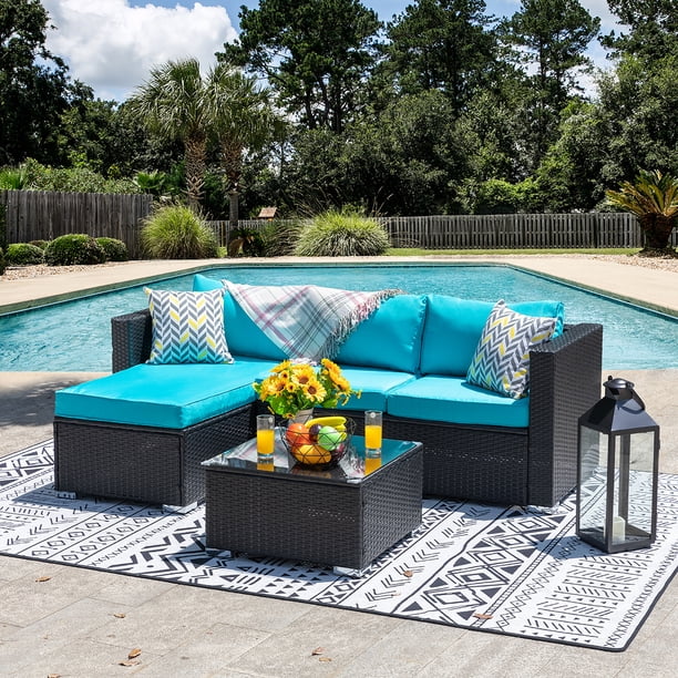 Walsunny 3Piece Outdoor Patio Furniture Sofa Set, Black Rattan