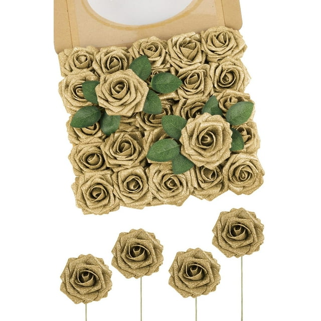 Flores Artificiales N&T NIETING Rosas de Espuma Doradas con Brillo 25 piezas
