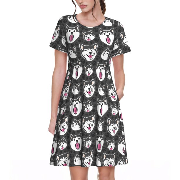 Easygdp HUSKY Face para Vestido Transpirable de Mujer, Vestido Suelto de Manga Corta con Pliegues y Bolsillos para el Verano