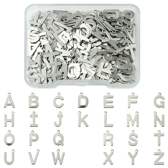 1 box 200pcs 26 style 201 Stainless Steel Charms Stainless Steel color Letter A~Z 12~12.6x6~10.1x0.5~0.7mm Hole: 1.2~1.4mm