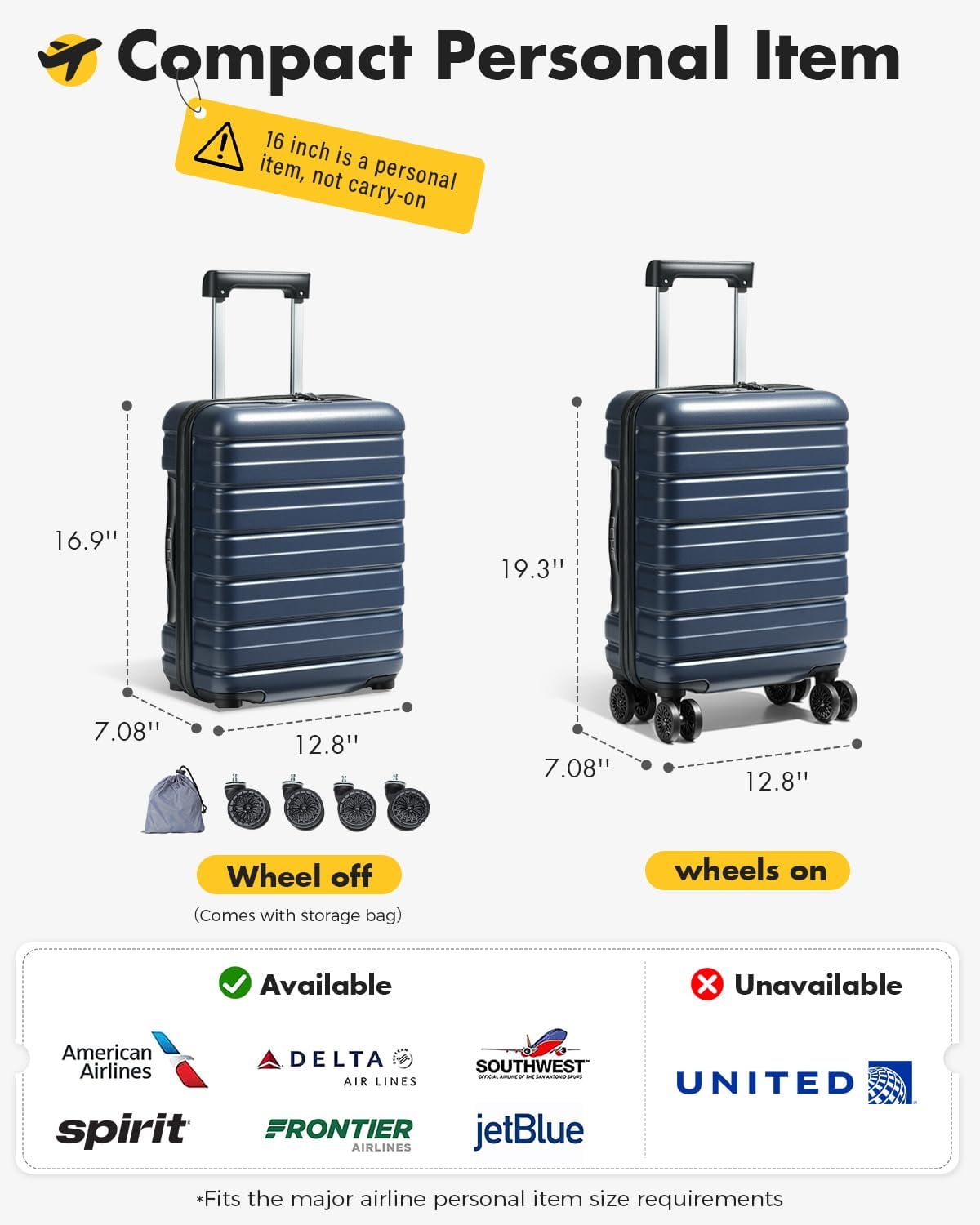 16 Inch Underseat Carry On Luggage Airline Approved, Hardside Suitcase with TSA Lock, Lightweight ABS Spinner Wheels Travel Bag, Blue