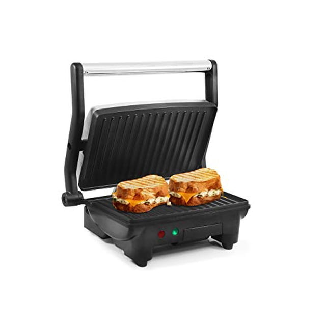 Prensa para panini y parrilla interior antiadherente Elite Gourmet EPN-2976 2 en 1. Apertura de 180 grados. Bisagra flotante para todo tipo de alimentos. Parrilla de contacto con bandeja para grasa e