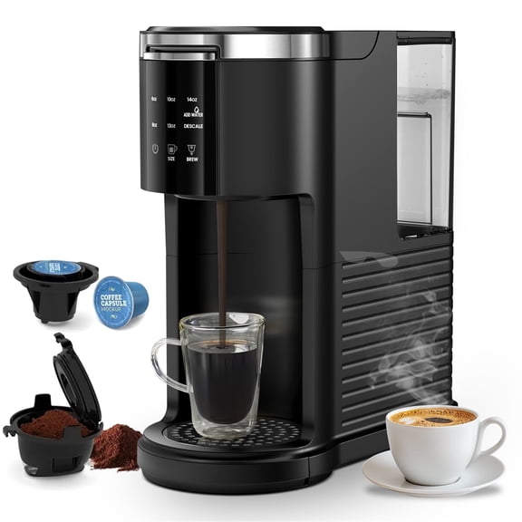 Auseo 2.0 1200W Single Serve Coffee Maker for Capsules and Ground Coffee Compatibility, Fast Heating, 40oz Removable Water Reservoir, Black for Home/Office/RV