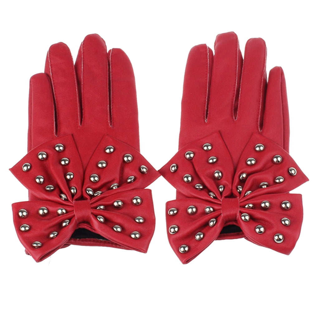 Grofry Women Gloves,Motorcycle Rivets Bow Solid Faux Leather Gloves