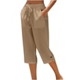 thumbnail image 3 of Capris for Women Drawstring Elastic Waist Straight Leg Cropped Pants Summer Casual Loose Fit Beach Slacks with Pockets Khaki L, 3 of 8