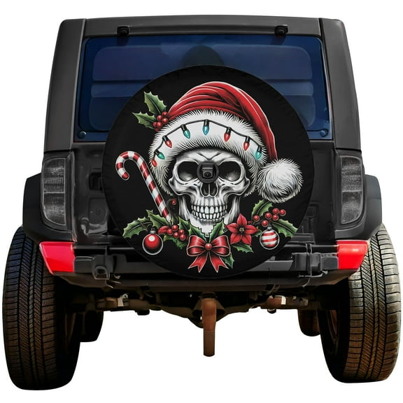 Lotusprinthandmade Christmas Hat Skull Skeleton Spare Tire Cover With Backup Camera Hole 6 Sizes (27 in.), skull spare tire cover, skeleton spare tire cover
