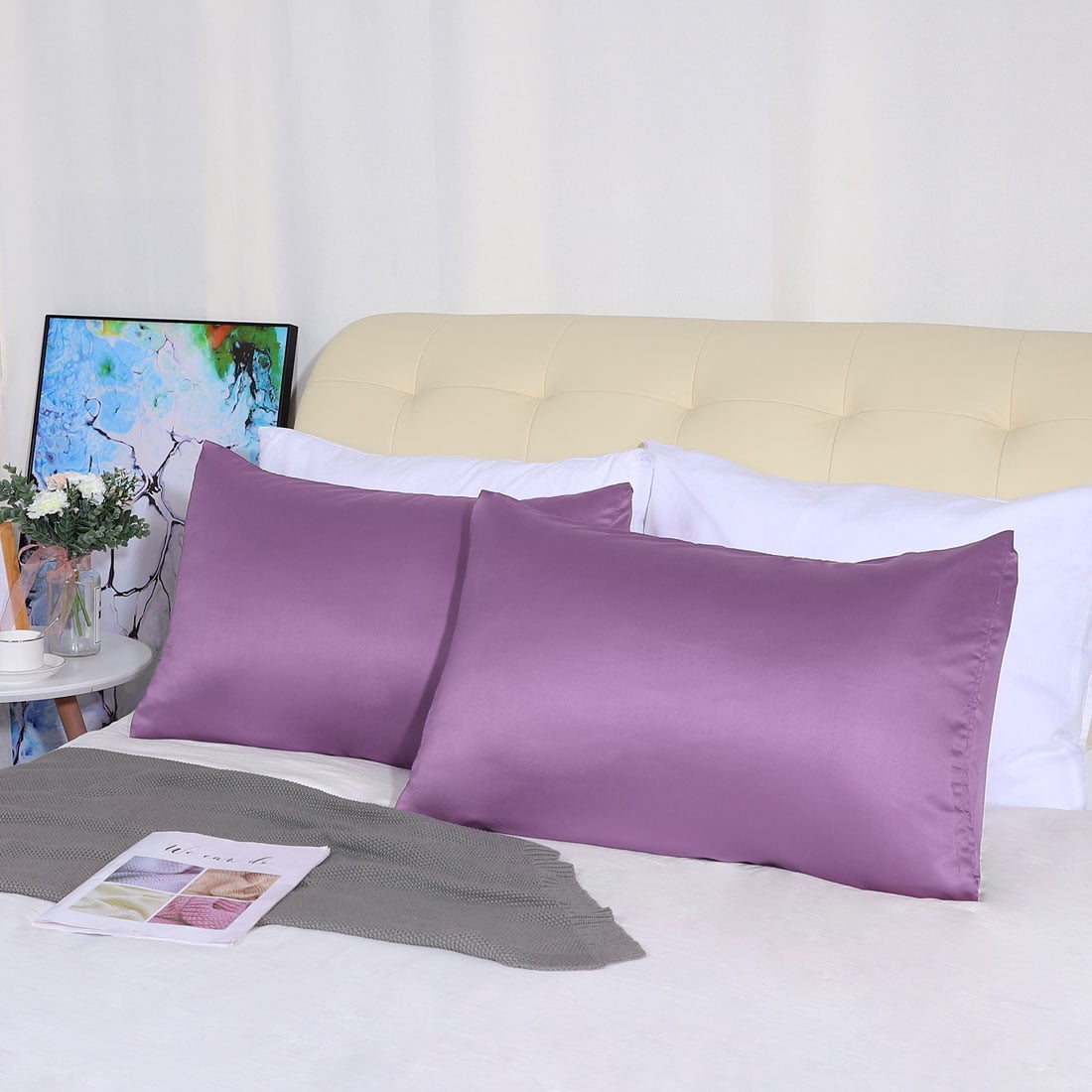 Unique Bargains Silky Satin Pillow Cases Covers Set of 2 Purple Queen