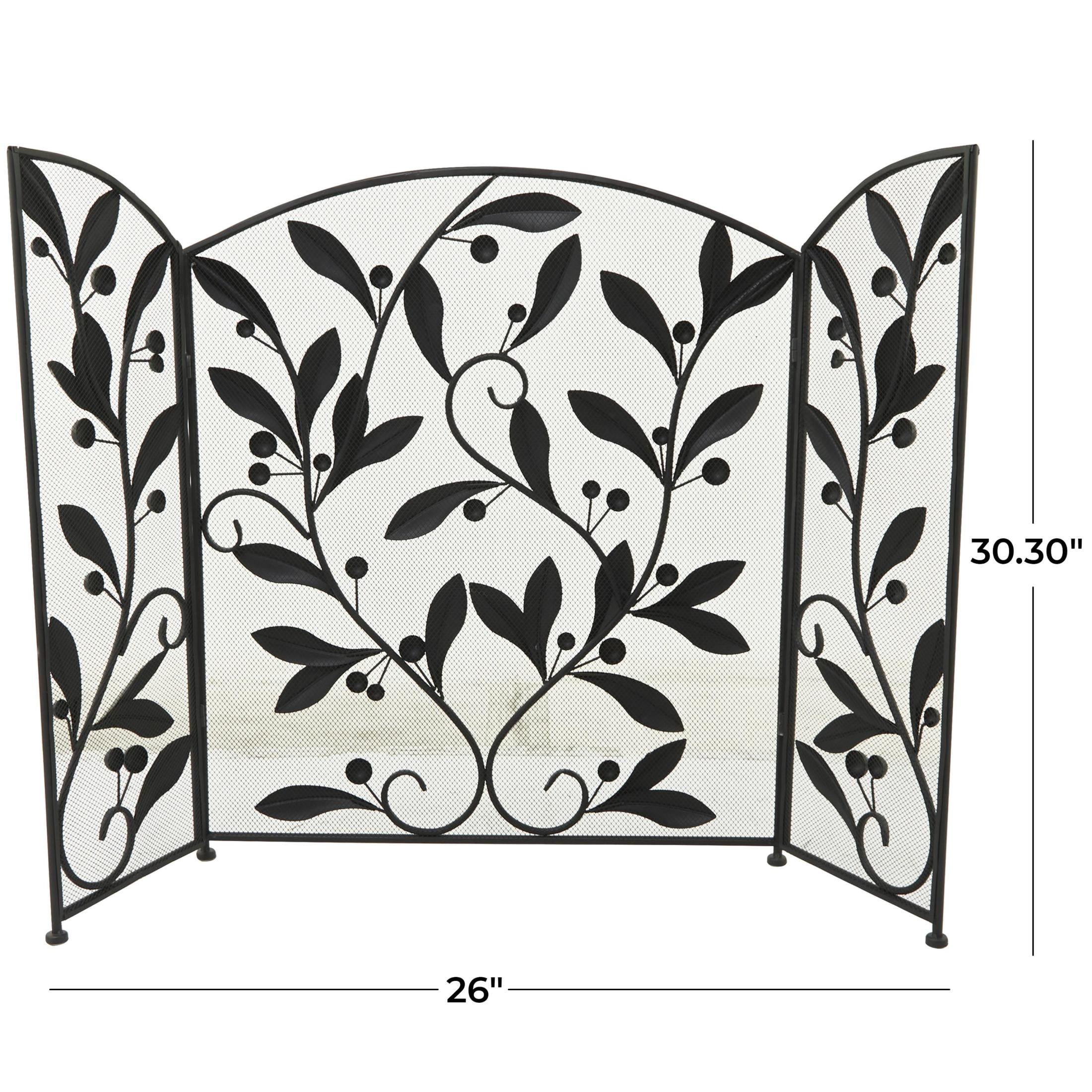 DecMode 45" x 30" Black Metal Foldable Mesh Netting 3 Panel Scroll Fireplace Screen with Leaf and Vine Relief, 1-Piece