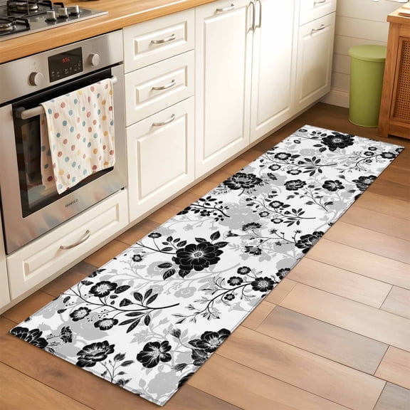 2'x6' Rug Runners for Hallways Kitchen, Vintage Flowers Non Slip Entryway Beside Floor Carpet Runner, Black White Farmhouse Floral Plants Washable Laundry Room Bedroom Throw Rugs Mat for Family Pet