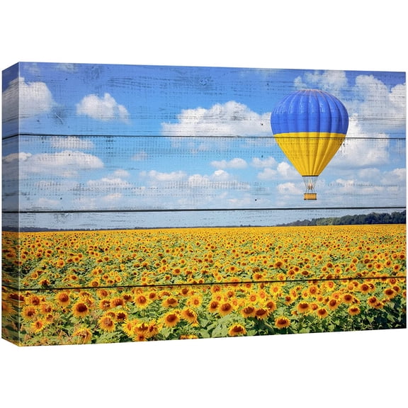 wall26 Canvas Print Wall Art Summer Sunflower Field Hot Air Balloon Sky Nature Wilderness Wood Panels Modern Art Rustic Decorative Zen Landscape Relax/Calm for Living Room, Bedroom, Office - 24"