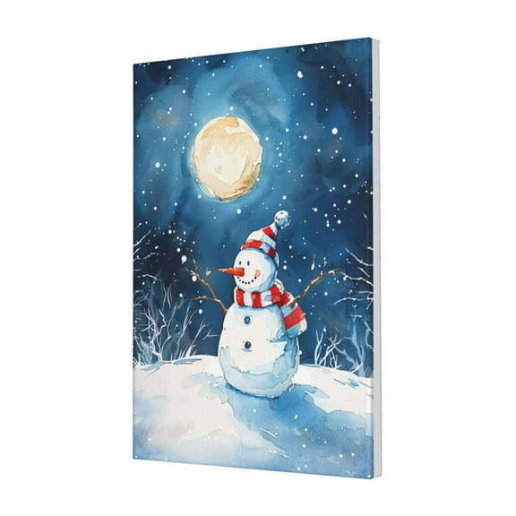 16x24 inch Winter Night Snowman Canvas Hanging Picture,Funny Yard Decor Accessory,Children'S Room,Living Room,Cafes Wall Art Decor Canvas Painting,Modern Art Snowman Decorative Oil Paintings