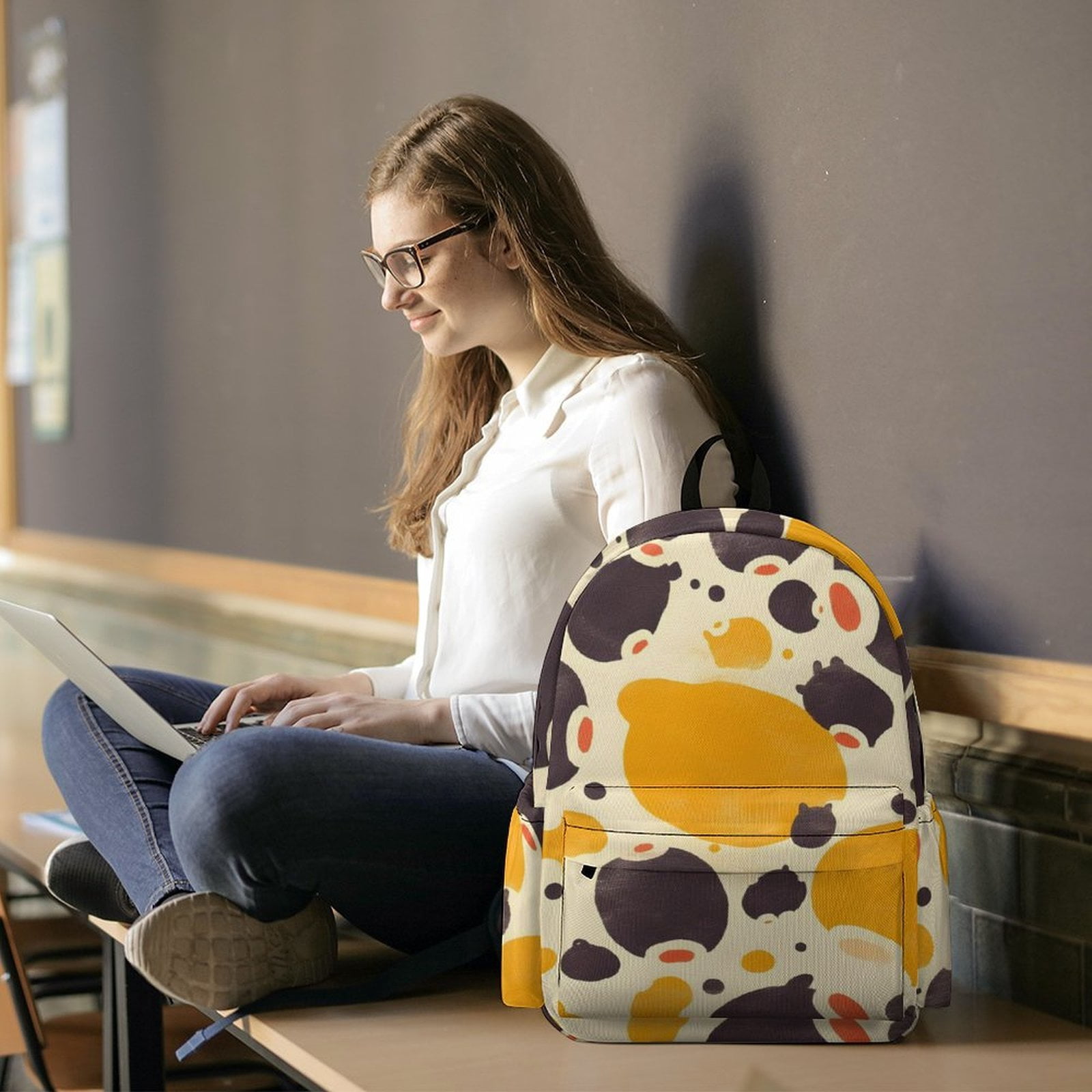Large Capacity Half Print Backpack 11.8×16.5×5.9in Multifunctional Zipper Design Convenient Switch Milk Cow Print Style Sienna_3