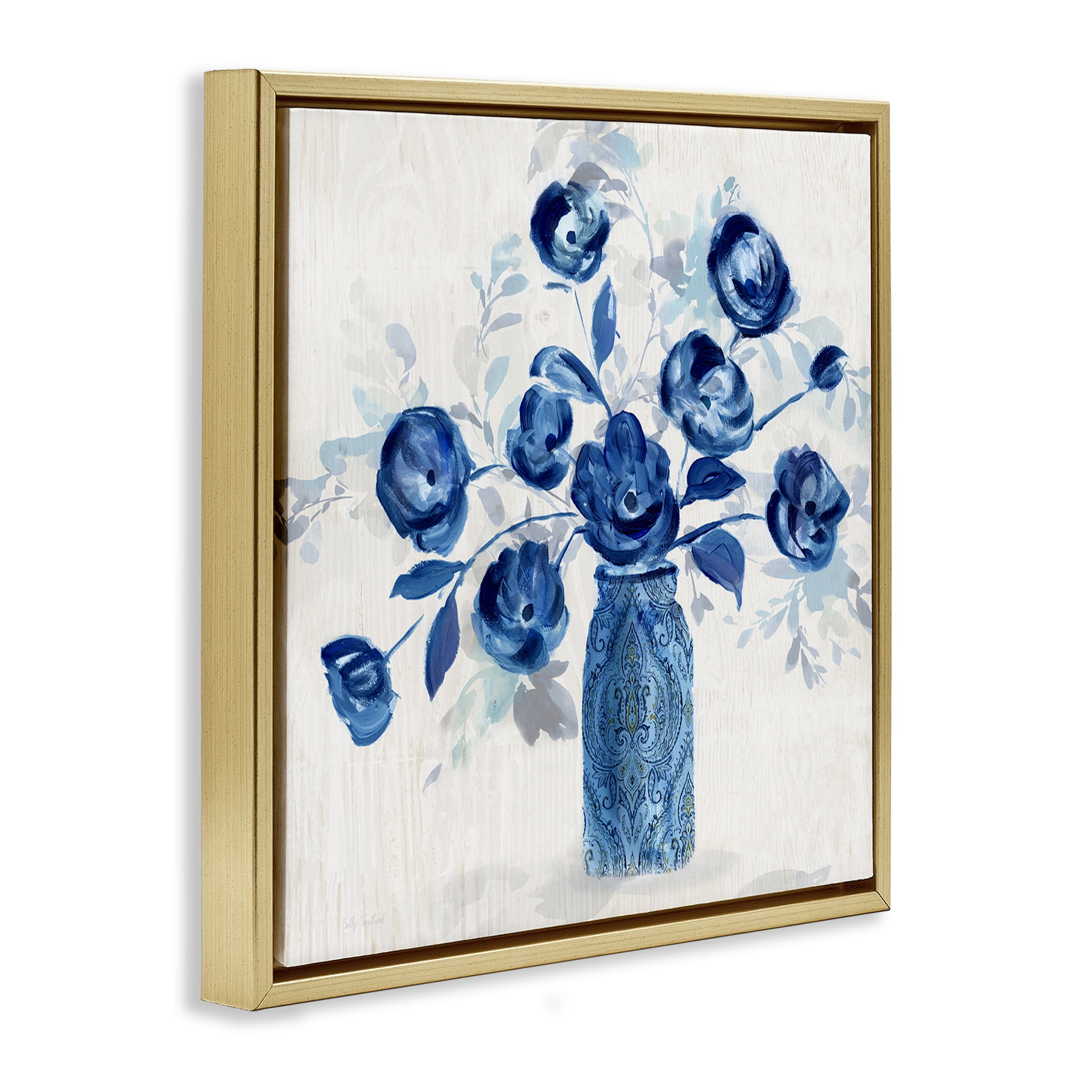 Stupell Industries Blue Roses Ornate Jar Plants & Flowers Painting Gold Floater Framed Canvas Art Print Wall Art, 18 x 18